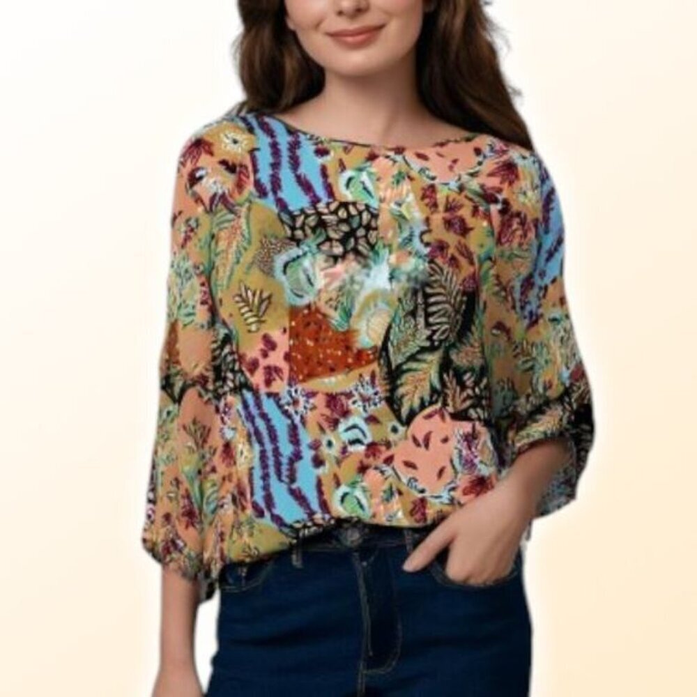 NWT M MISSONI Ocher Silk Blend Floral Print 3/4 Sleeve Blouse Womens Sz XS